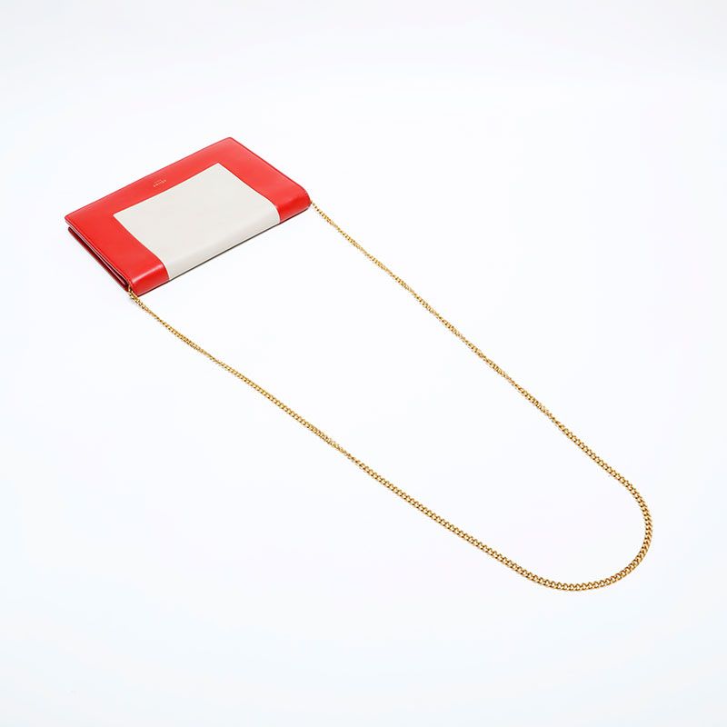 Celine Shoulder Bag Leather Frame Chain Red Beige