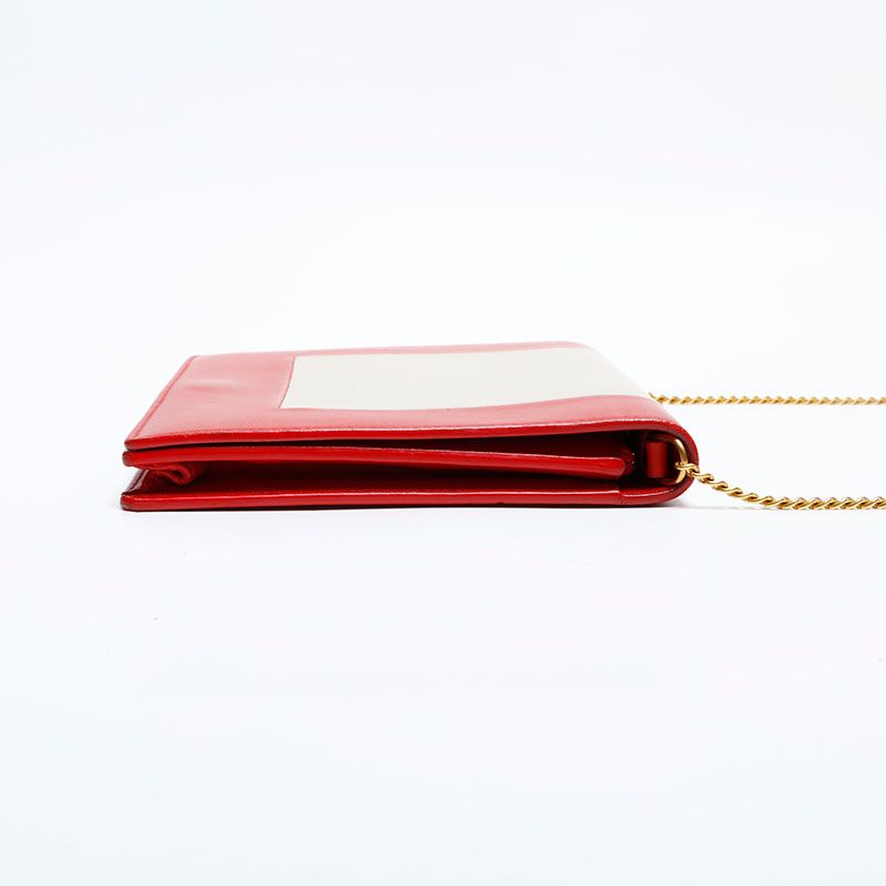 Celine Shoulder Bag Leather Frame Chain Red Beige