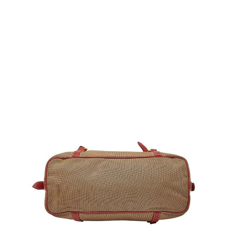 PRADA Logo Jacquard One Shoulder Bag Beige Red Canvas Leather Women's PRADA