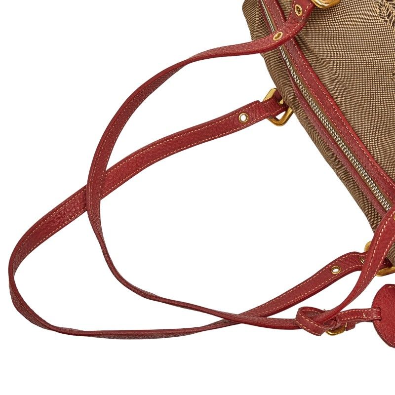 PRADA Logo Jacquard One Shoulder Bag Beige Red Canvas Leather Women's PRADA