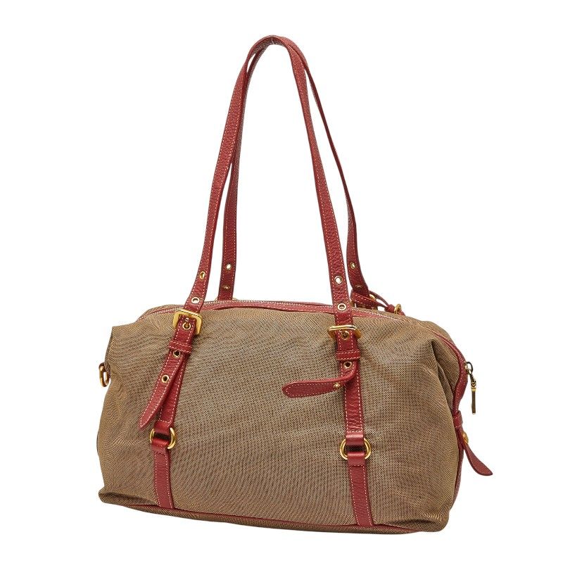 PRADA Logo Jacquard One Shoulder Bag Beige Red Canvas Leather Women's PRADA