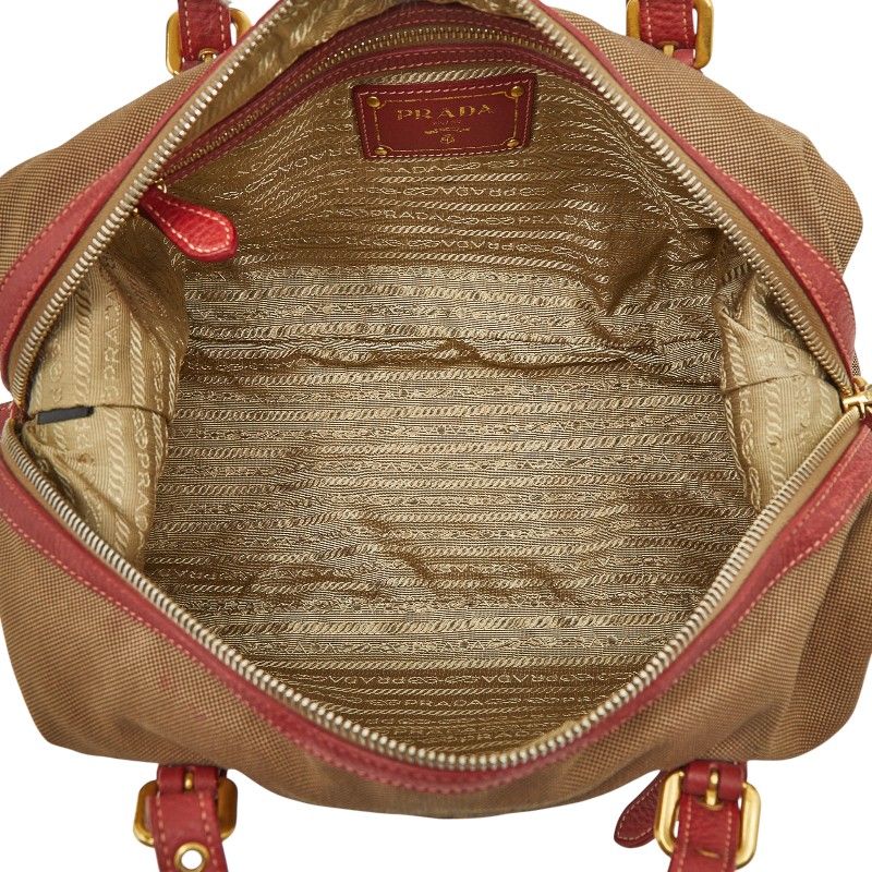 PRADA Logo Jacquard One Shoulder Bag Beige Red Canvas Leather Women's PRADA