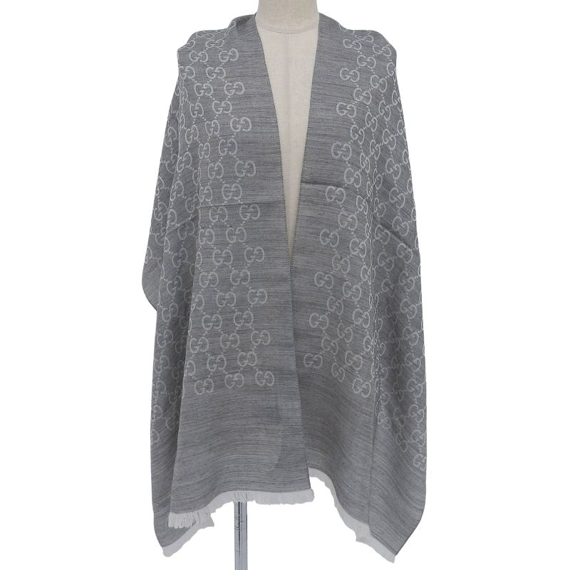 GUCCI Wool Silk Blend GG Pattern Fringe Shawl Gray 45 X 180cm Made