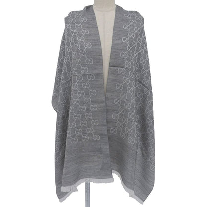 GUCCI Wool Silk Blend GG Pattern Fringe Shawl Gray 45 X 180cm Made