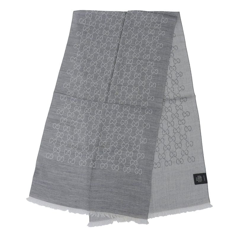 GUCCI Wool Silk Blend GG Pattern Fringe Shawl Gray 45 X 180cm Made