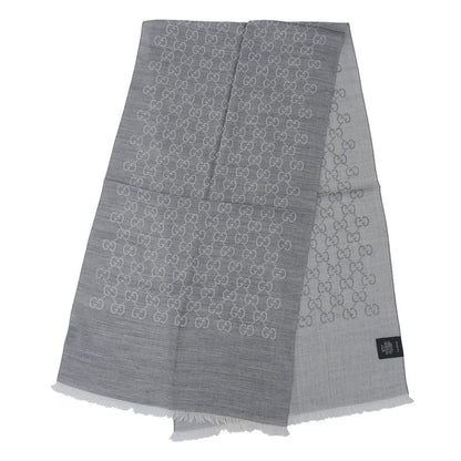 GUCCI Wool Silk Blend GG Pattern Fringe Shawl Gray 45 X 180cm Made
