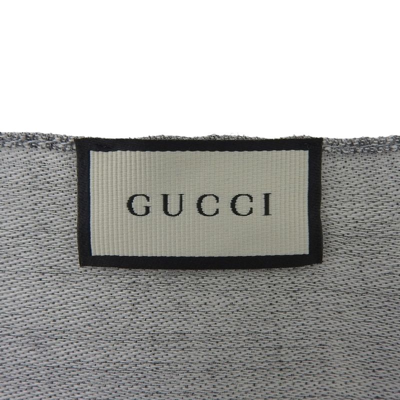 GUCCI Wool Silk Blend GG Pattern Fringe Shawl Gray 45 X 180cm Made
