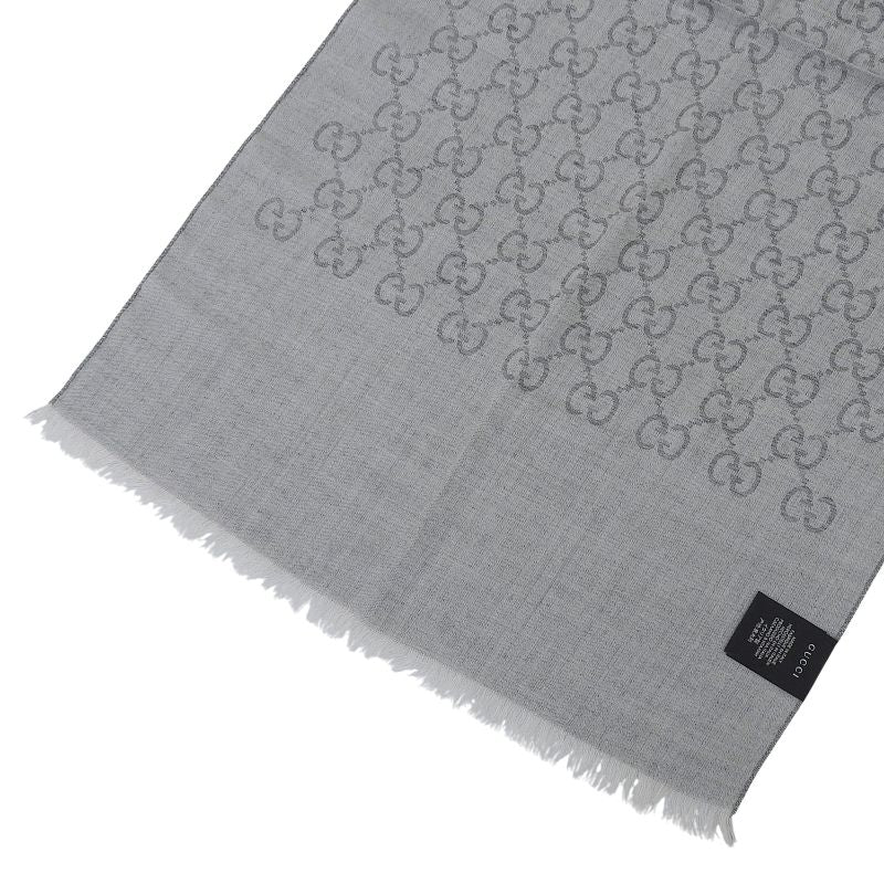 GUCCI Wool Silk Blend GG Pattern Fringe Shawl Gray 45 X 180cm Made