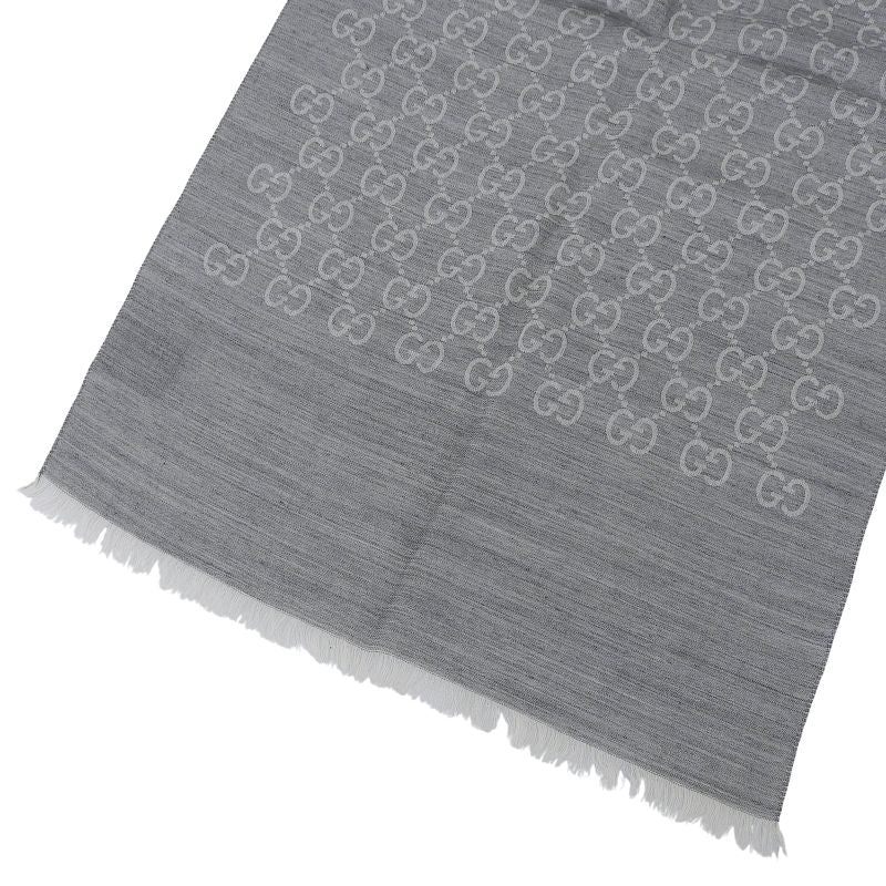 GUCCI Wool Silk Blend GG Pattern Fringe Shawl Gray 45 X 180cm Made
