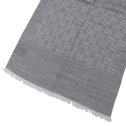 GUCCI Wool Silk Blend GG Pattern Fringe Shawl Gray 45 X 180cm Made