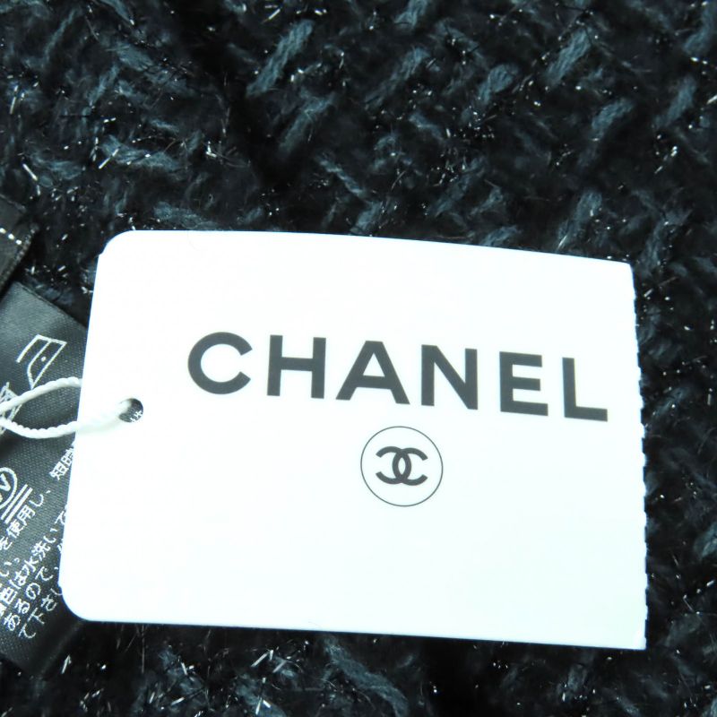 CHANEL Cashmere Blend Coco Mark Embroidered Lamé With Fringe Large Shawl Black
