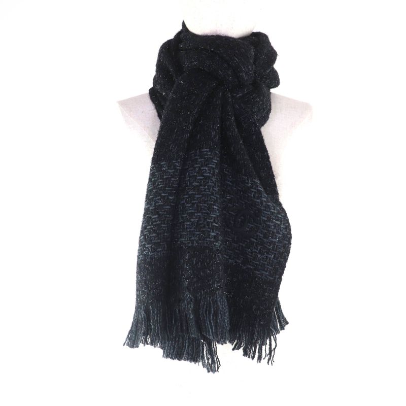 CHANEL Cashmere Blend Coco Mark Embroidered Lamé With Fringe Large Shawl Black