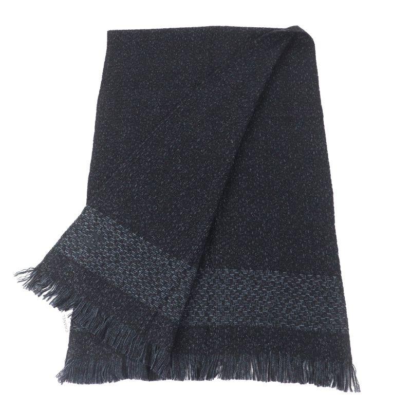 CHANEL Cashmere Blend Coco Mark Embroidered Lamé With Fringe Large Shawl Black
