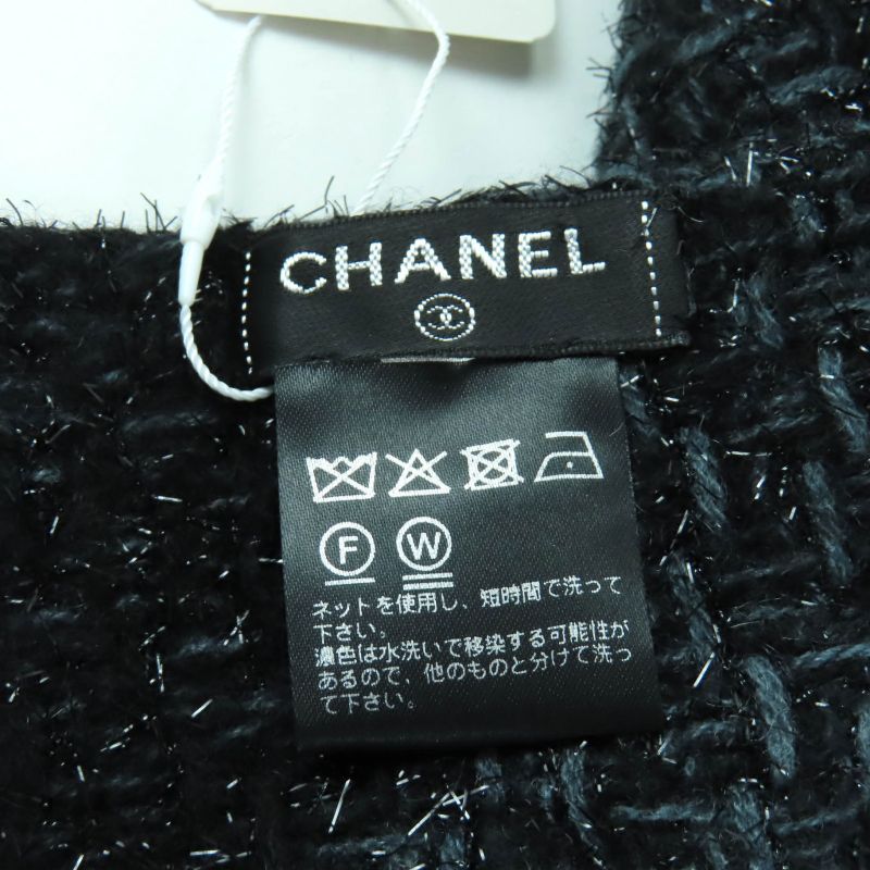 CHANEL Cashmere Blend Coco Mark Embroidered Lamé With Fringe Large Shawl Black