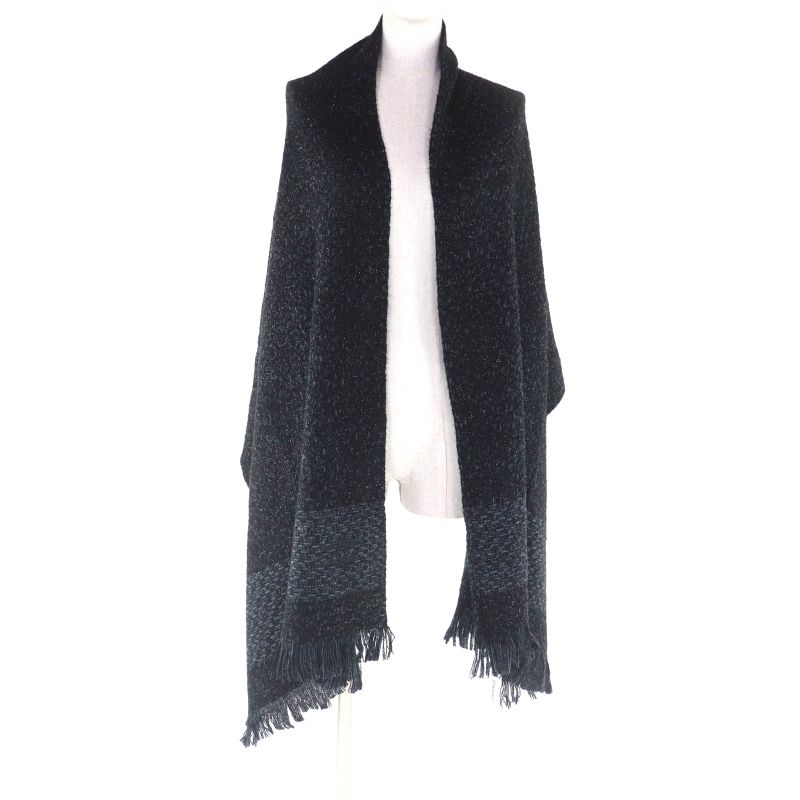 CHANEL Cashmere Blend Coco Mark Embroidered Lamé With Fringe Large Shawl Black