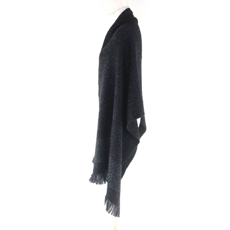 CHANEL Cashmere Blend Coco Mark Embroidered Lamé With Fringe Large Shawl Black