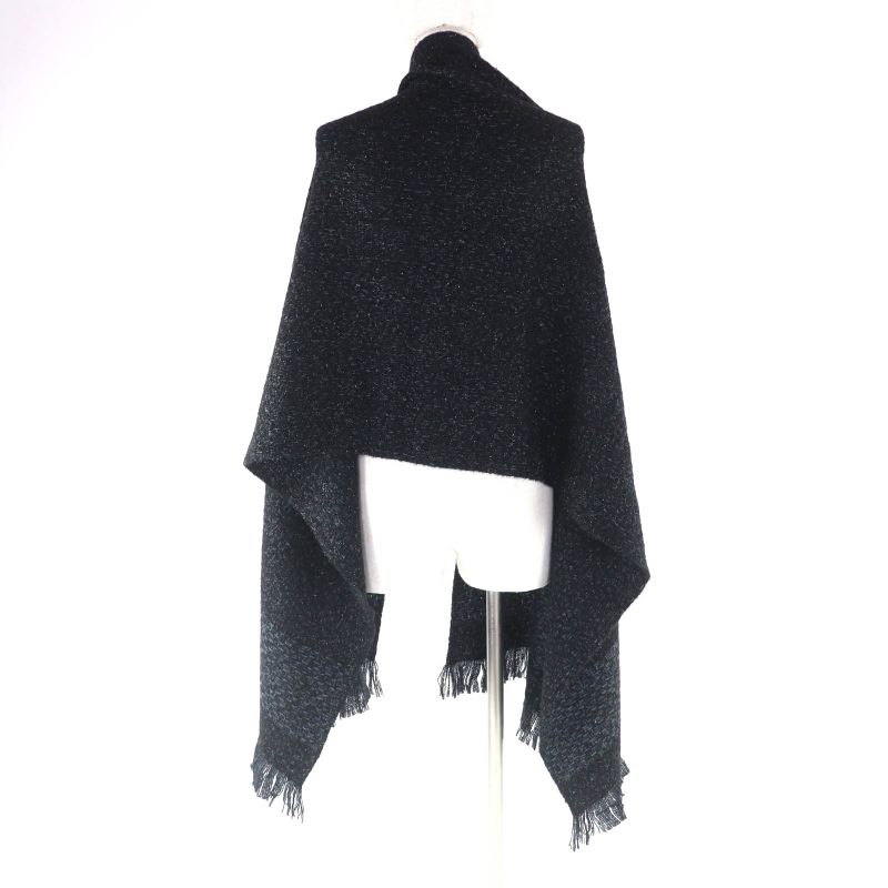 CHANEL Cashmere Blend Coco Mark Embroidered Lamé With Fringe Large Shawl Black