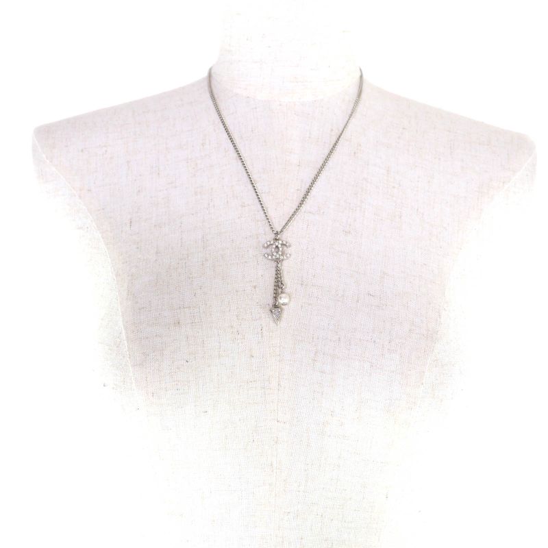 CHANEL F25C Coco Mark Rhinestone Faux Pearl Necklace Pendant Silver - Made In