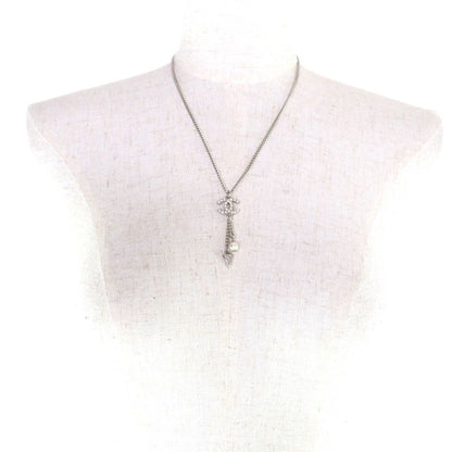 CHANEL F25C Coco Mark Rhinestone Faux Pearl Necklace Pendant Silver - Made In