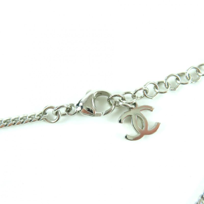CHANEL F25C Coco Mark Rhinestone Faux Pearl Necklace Pendant Silver - Made In