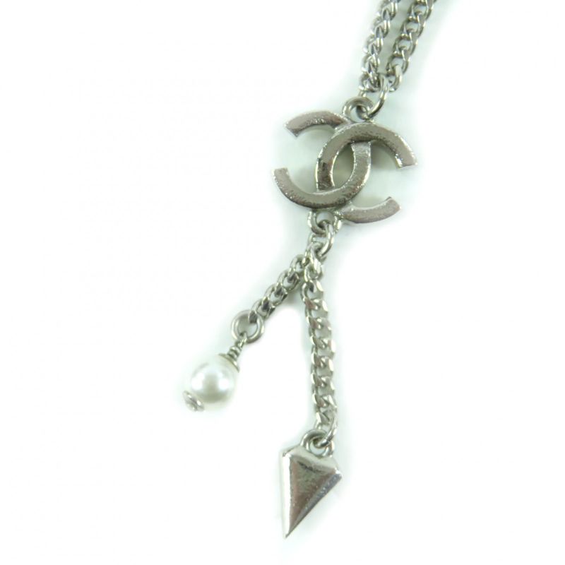 CHANEL F25C Coco Mark Rhinestone Faux Pearl Necklace Pendant Silver - Made In