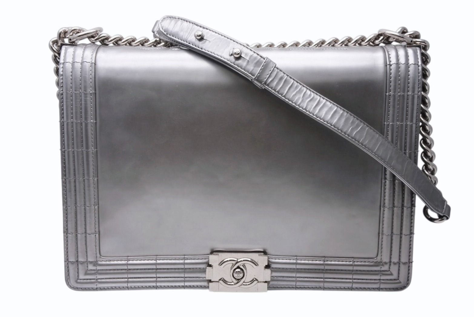 Chanel Boy Chain Shoulder Bag CC Logo Calfskin Silver
