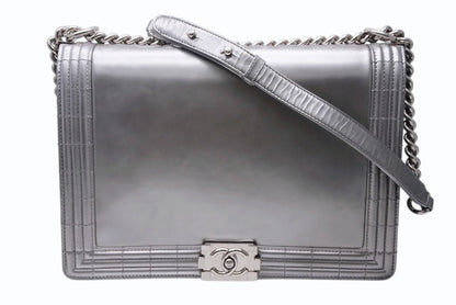 Chanel Boy Chain Shoulder Bag CC Logo Calfskin Silver