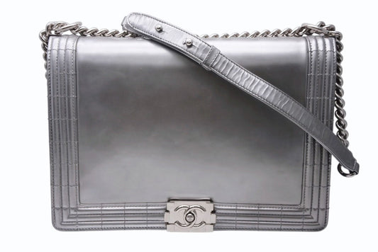 Chanel Boy Chain Shoulder Bag CC Logo Calfskin Silver