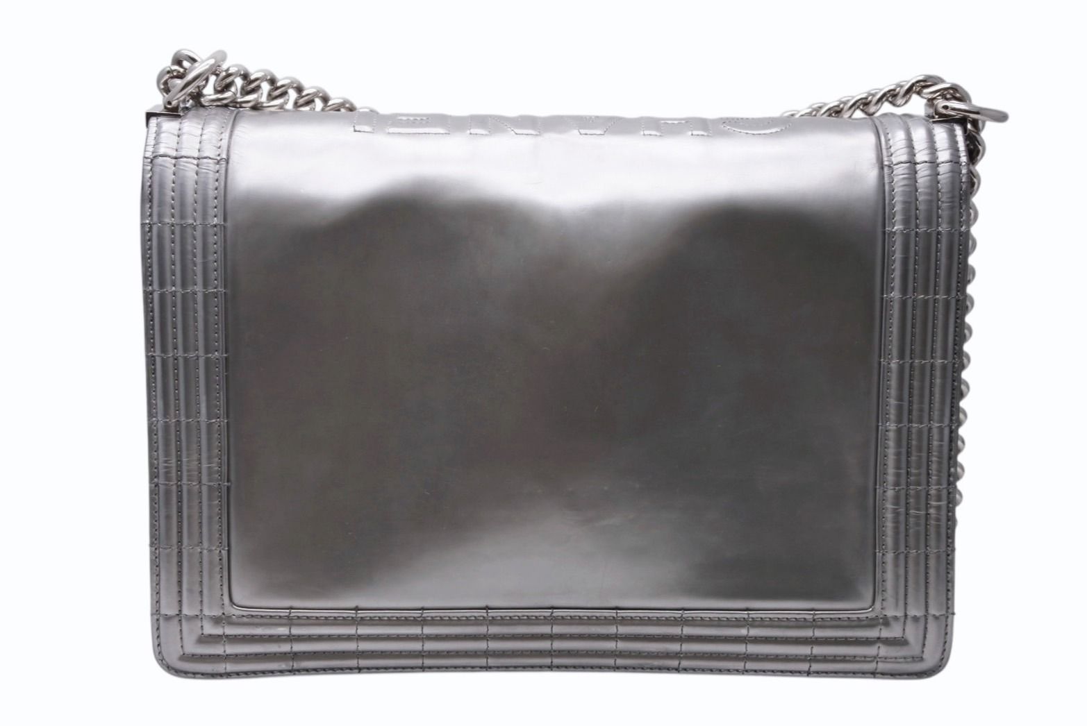 Chanel Boy Chain Shoulder Bag CC Logo Calfskin Silver — view 2