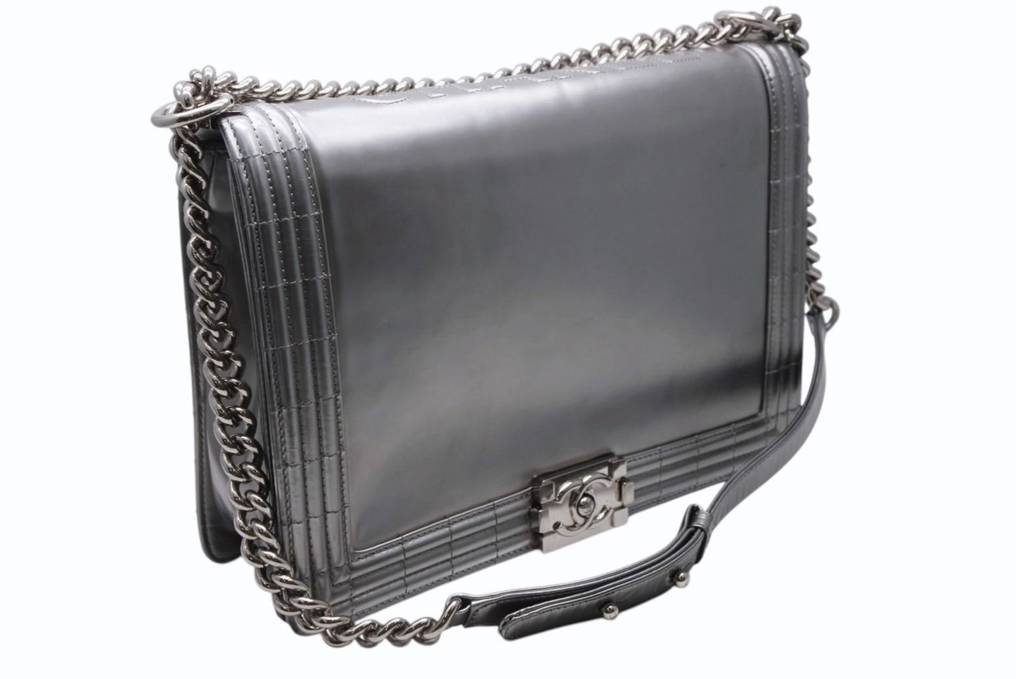 Chanel Boy Chain Shoulder Bag CC Logo Calfskin Silver — view 3