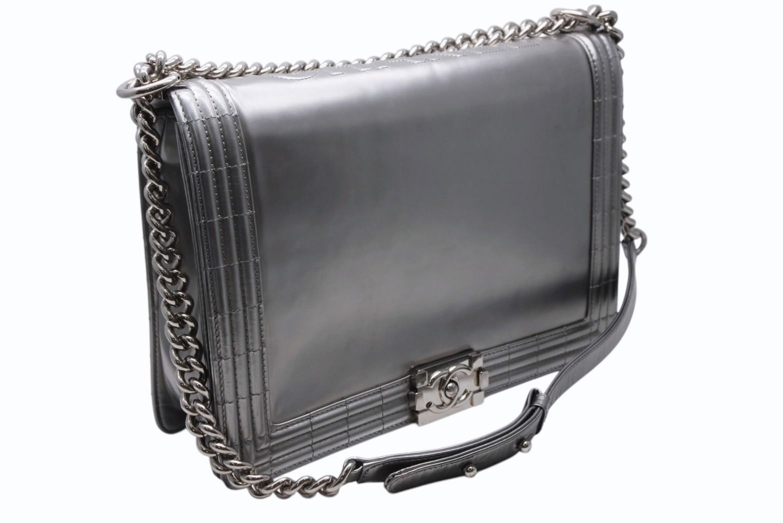 Chanel Boy Chain Shoulder Bag CC Logo Calfskin Silver — view 3