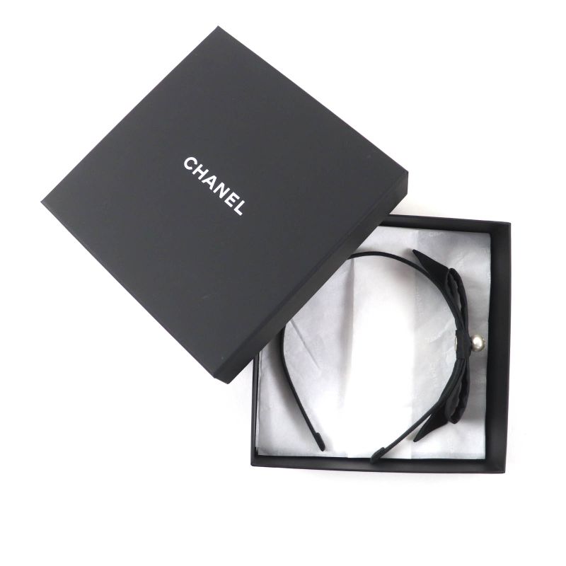 CHANEL 25P Aaa845 Coco Mark Ribbon Headband With Fake Pearl Hair Accessory