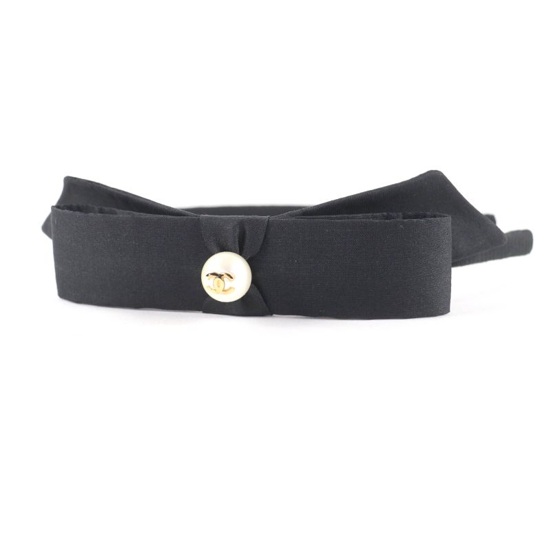 CHANEL 25P Aaa845 Coco Mark Ribbon Headband With Fake Pearl Hair Accessory