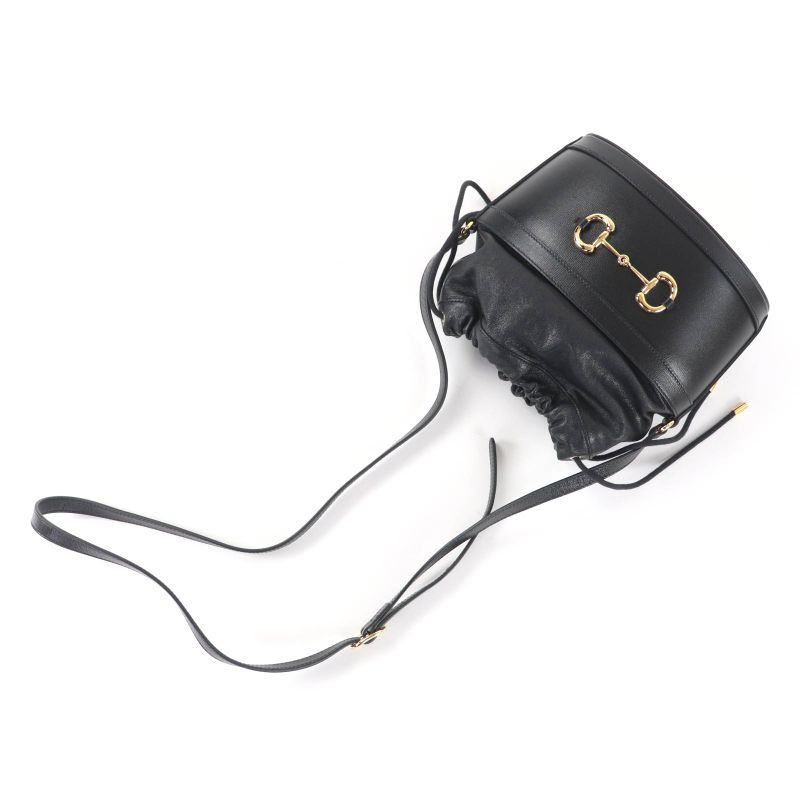 GUCCI 602118 Hosebit Leather Bucket Bag Shoulder Bag Black Gold Hardware