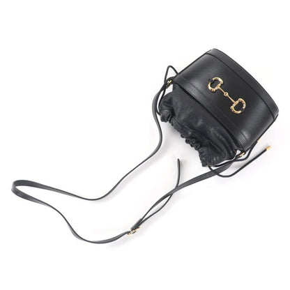 GUCCI 602118 Hosebit Leather Bucket Bag Shoulder Bag Black Gold Hardware