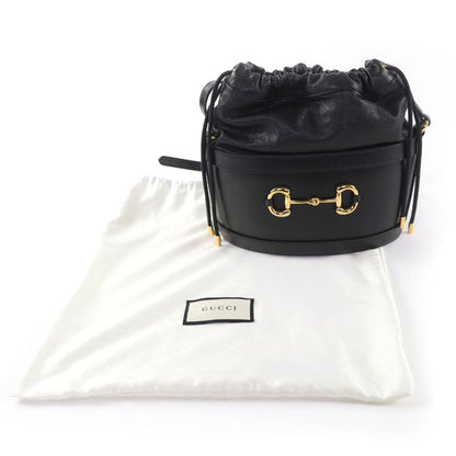 GUCCI 602118 Hosebit Leather Bucket Bag Shoulder Bag Black Gold Hardware