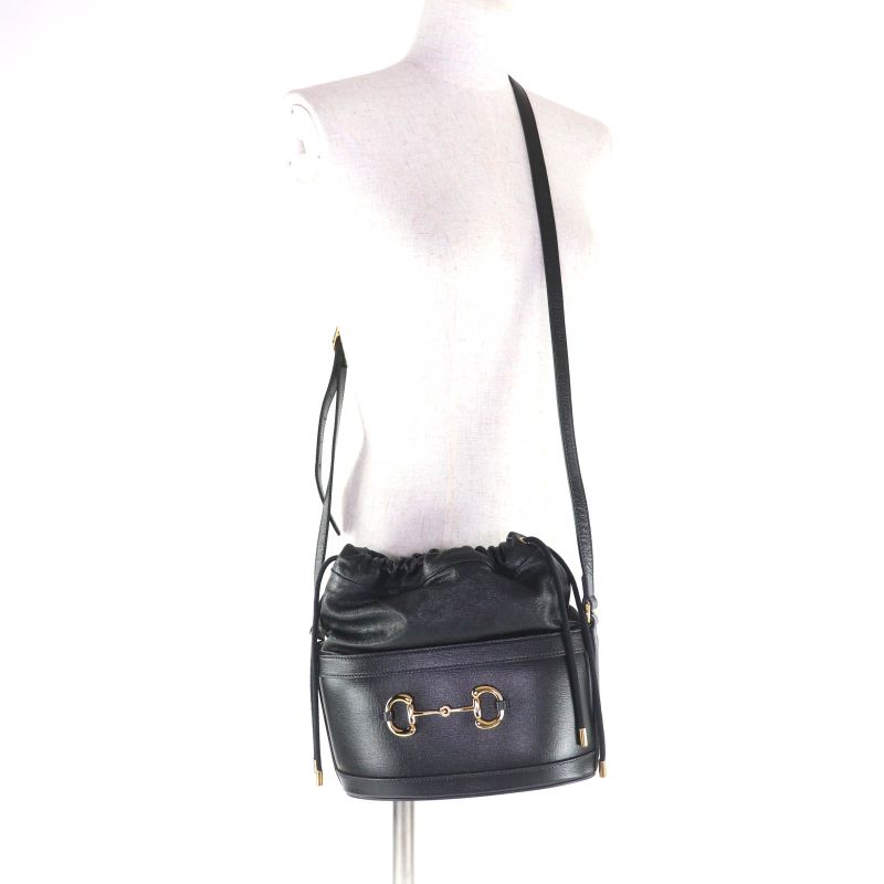 GUCCI 602118 Hosebit Leather Bucket Bag Shoulder Bag Black Gold Hardware