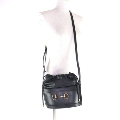GUCCI 602118 Hosebit Leather Bucket Bag Shoulder Bag Black Gold Hardware