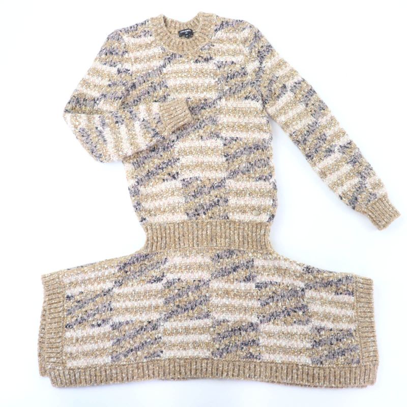 CHANEL P60141k07859 Wool Alpaca Blend Coco Mark Tweed Long Sleeve Knit Dress