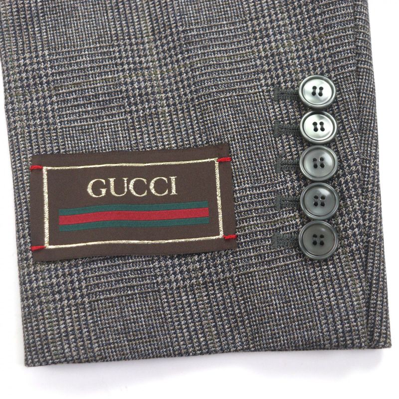 GUCCI 568762 100% Wool Check Pattern Double Breasted Terrace Jacket Brown 48