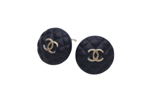 Chanel CC Logo Earrings Quilted Motif Metal Navy Gold