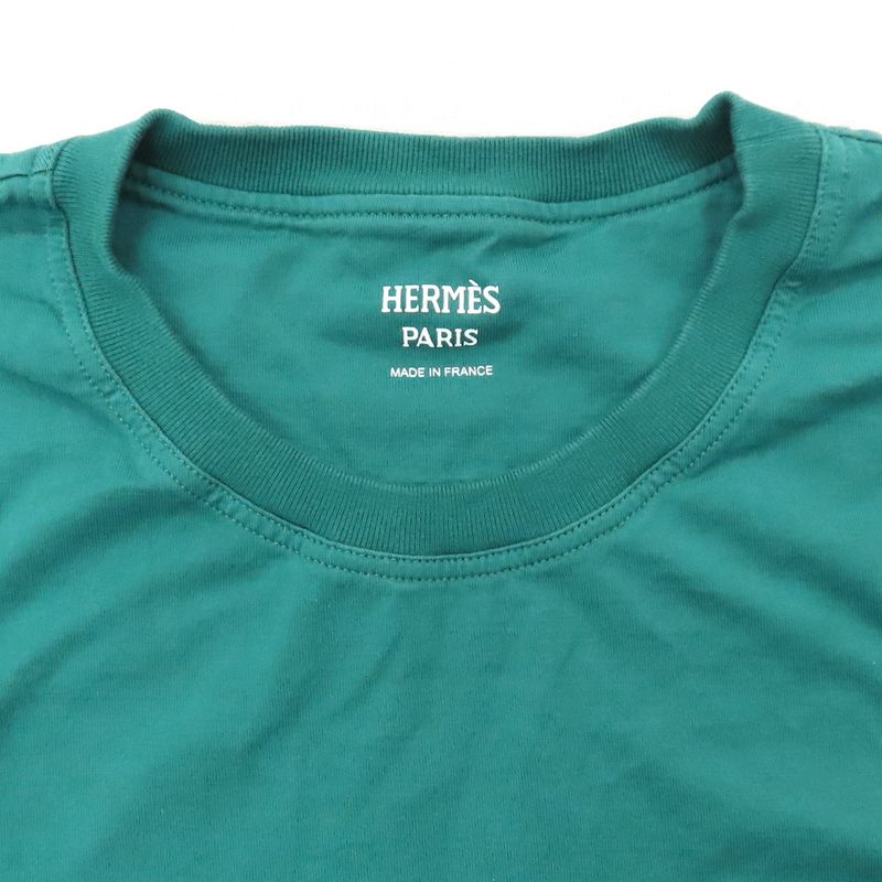 HERMES Short Sleeve Cotton T-shirt Embroidery 4h46151da Green 38