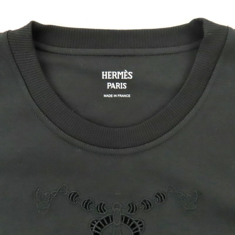 HERMES Short Sleeve T-shirt Openwork Lace Cotton 5h4625dc Black 36