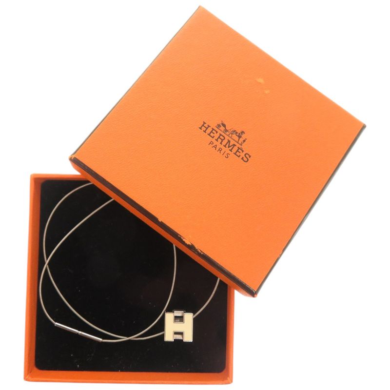 HERMES Cage Ash H Cube Metal Silver White Necklace 1034 HERMES