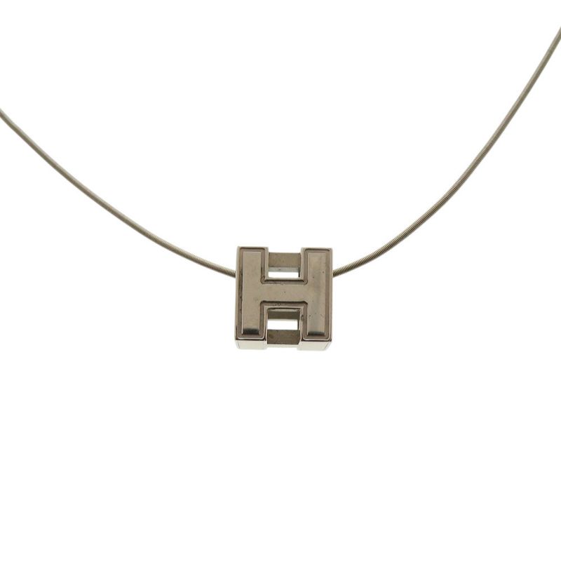 HERMES Cage Ash H Cube Metal Silver White Necklace 1034 HERMES