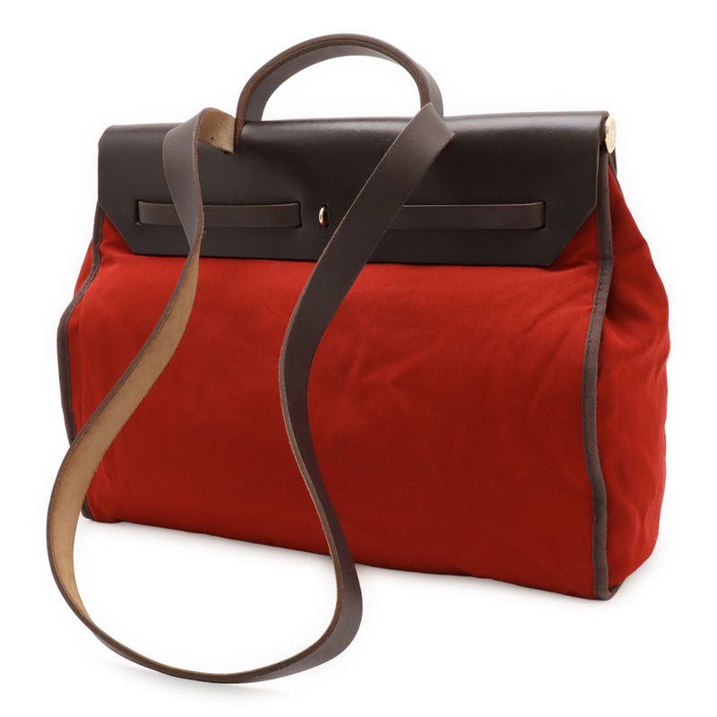 HERMES Herbag Her Bag MM Shoulder Bag Pochette Canvas Leather Red Orange Dark