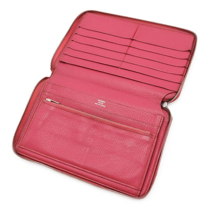 HERMES Azap Combine Round Zipper Long Wallet Chevre Leather Fusha Pink Silver