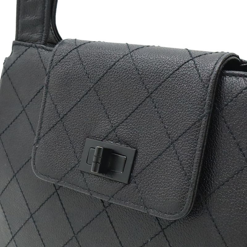 CHANEL 2.55 Matelasse Shoulder Bag Tote Bag Leather Black Hardware