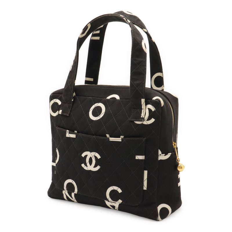 CHANEL Coco Mark Logo Print Handbag Tote Bag Canvas Black Ivory White Gold