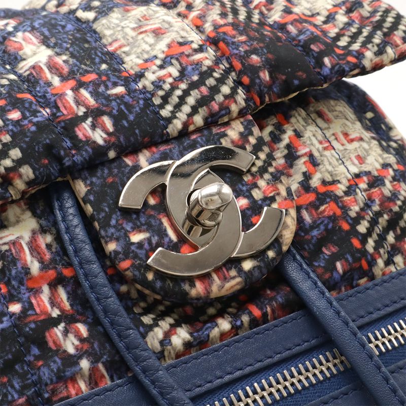 CHANEL Tweed Print Coco Mark Chain Shoulder Rucksack Sac Backpack Nylon Blue